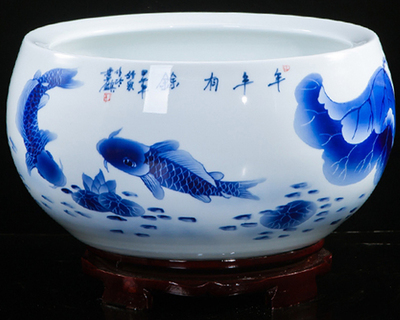 景德鎮(zhèn)陶瓷器手繪青花瓷魚缸聚寶盆水淺烏龜缸荷花盆客廳裝飾擺件